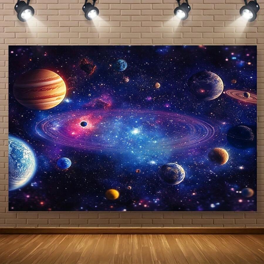 1 件精美绝伦的外太空行星背景横幅 - 充满活力的星系和宇宙场景,点缀着旋转的星星、月亮和火箭 - 耐用的涤纶材质,可用于照片墙装饰,适用于直播、派对、生日、周年纪念、房间、花园或庭院装饰 - 室内/室外均可使用,月亮装饰 - 14 - 查看 1