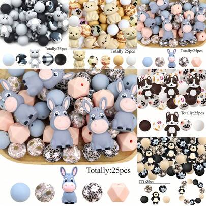 25 hạt silicon hình động vật, bao gồm lừa, khỉ đột, mèo con, hà mã, chó con, hoa, bàn chân, kẻ sọc, họa tiết da báo, hình trái tim, thiết kế thời trang, thích hợp để làm trang sức, vòng tay DIY, dây đeo, bút đính hạt, đồ trang trí ngày lễ và các sản phẩm thủ công khác - Phụ kiện làm quà tặng lý tưởng cho sinh nhật, mùa xuân, mùa hè, Ngày của Cha, Ngày của Mẹ - Bộ dụng cụ đính hạt, vật tư đính hạt