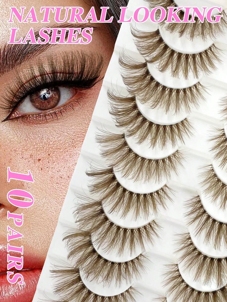 ENCHUW 10对棕色假睫毛，蓬松纤细，自然妆效，C型卷翘，3D立体分层，透明睫毛梗，适合派对佩戴 - 棕色 - 查看 1