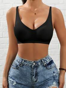 1 pieza Sujetador cómodo y sexy para mujeres con tirantes inalámbricos y ajustables, acolchado y desmontable - Negro - Ver 3