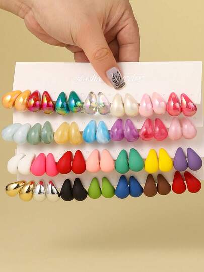 7pairs/28pairs Women's Fashion Vintage Water Drop Earrings Set, Minimalist Style,Matte & Shiny Mixed Colors,Summer Fashion For Daily Wear, Prom And Wedding