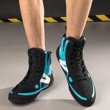 Giày đấm bốc cổ cao dành cho nam, giày võ thuật thoáng khí chống trượt, giày tập luyện đấm bốc trong nhà đế cao su. - Đen và xanh - Xem 8