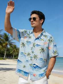 Men's Linen Short Sleeve Vacation Shirt, Suitable For Summer - Blue - View 2