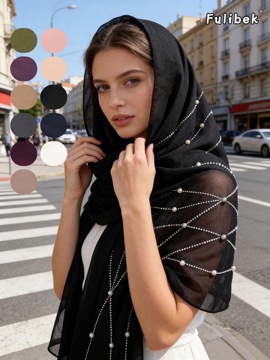 New Elegant Women's Scarf Headscarf Pearl Beaded Rhinestone Bow Chiffon Shawl, Lightweight Breathable For All Seasons, Suitable For Formal Dresses And Evening Gowns