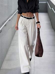 Women's Fashionable White Wide Leg Pants - High Waist Pleated Loose Design, Suitable For Valentine's Day, Carnival, Street Style And Office Wear - White - View 10