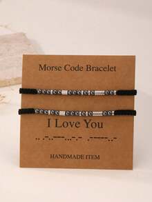 1条/2条黑色玛瑙串珠“我爱你”摩尔斯电码手链，附赠卡片 - 槍黑色 - 查看 1