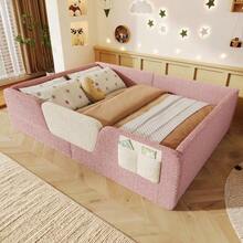 Upholstered Bed, 140 X 190 Cm, Without Mattress, Removable Side Rails, Integrated Fabric Storage Bag, Unique Velvet, Grey - Pink - View 2