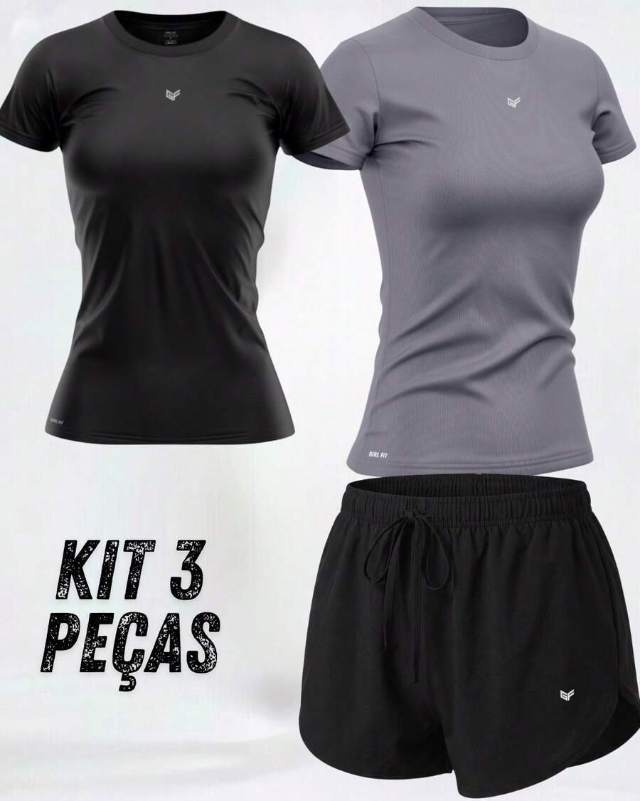 Women's 3-Piece Gym Kit: 2 Dry Fit T-Shirts + Comfortable Tactel Shorts - Women's 3-Piece Fitness Set With 2 Dry Fit Tops + Lightweight Shorts - 套件 A - 查看 1