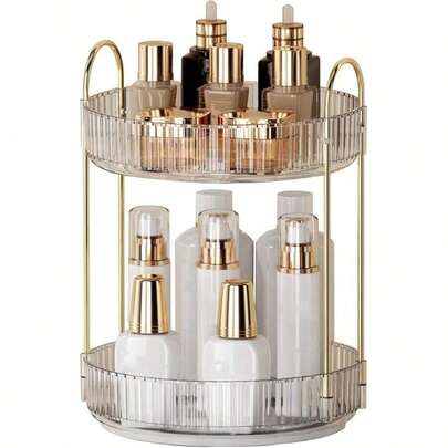 Giá đựng mỹ phẩm xoay 360° - Kệ đựng nước hoa hai tầng dung tích lớn - Giá đựng sản phẩm chăm sóc da để bàn trong phòng tắm - Kệ đựng mỹ phẩm trang điểm tiết kiệm không gian (Trong suốt)