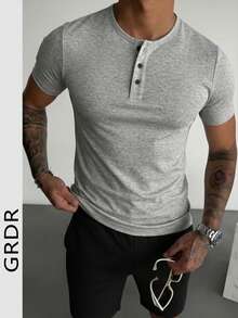 GRDR Men's Classic Solid Color Henley Neck Short Sleeve Shirt, Essential Business Casual Item, Summer Wardrobe Staple - Light Grey - View 3