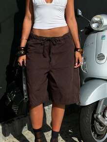 Bermuda Cargo Shorts For Women Casual Elastic Drawstring Knee Length Shorts Casual Loose SweatShorts Multi Pocket Relaxed Fit - màu nâu sô cô la - Xem 5