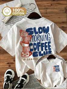 [Double-Sided Print]Spring And Summer Fashion Women's Top, Hand-Painted Style, Coffee Cup, SLOW MORNING COFFEE CLUB SERVED DAILY Print, Round Neck, Short Sleeve, Pure Cotton Women's T-Shirt[Chu K]100% Cotton, Summer Tops - 白色 - 查看 1