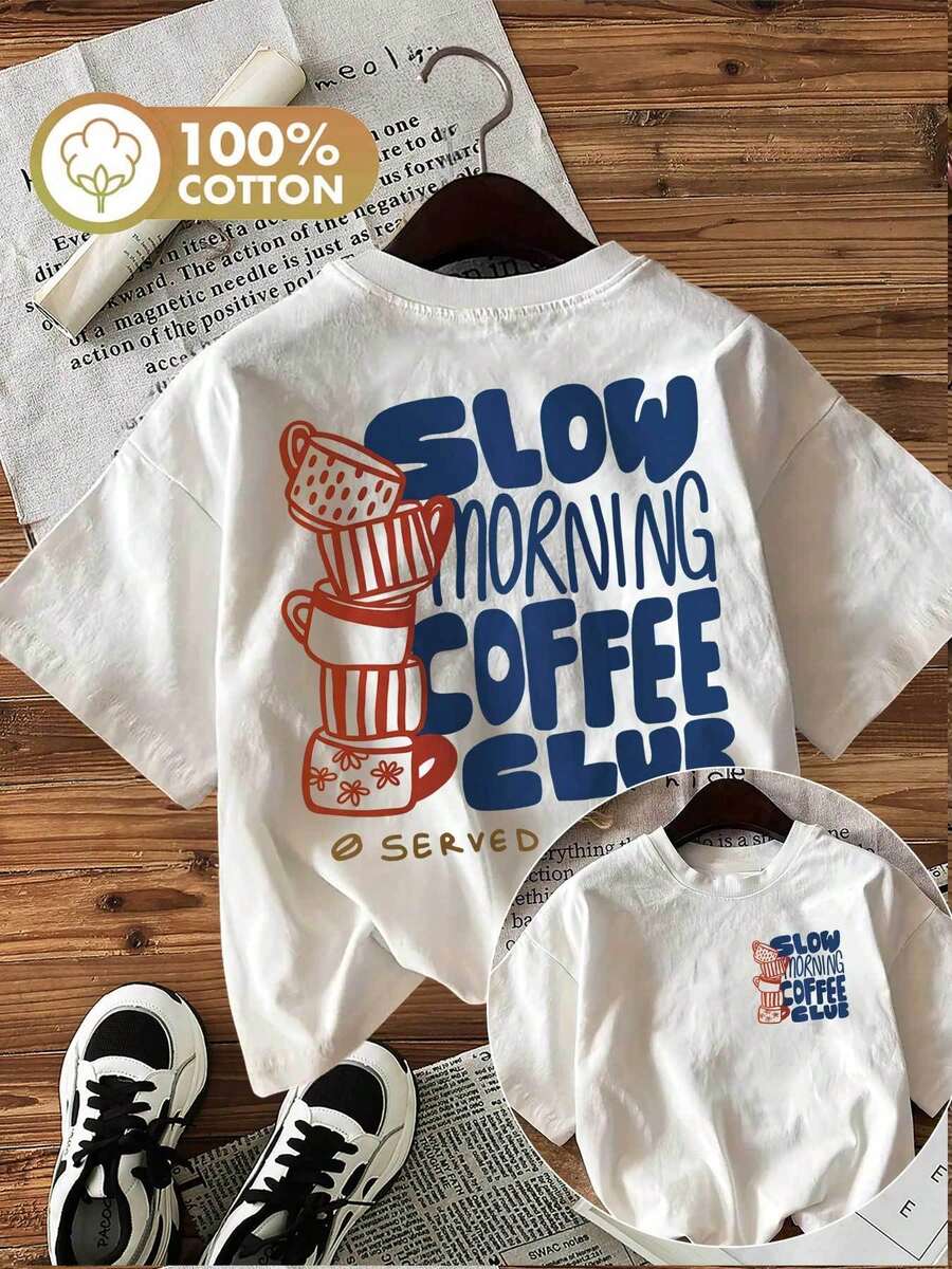 [Double-Sided Print]Spring And Summer Fashion Women's Top, Hand-Painted Style, Coffee Cup, SLOW MORNING COFFEE CLUB SERVED DAILY Print, Round Neck, Short Sleeve, Pure Cotton Women's T-Shirt[Chu K]100% Cotton, Summer Tops - 白色 - 查看 1