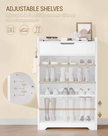 HEXCELEN Shoe Cabinet, 5-Tier Shoe Rack, Adjustable Dividers, Space For 12-15 Pairs Of Shoes, 1 Large Drawer, Silver-Colored Handle, For Entryway, Hallway, 36 X 65 X 108 Cm, White - 白色 - 查看 5