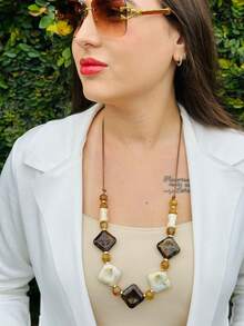 Adjustable Maxi Necklace, Brown Cord With Caramel Resins And Timeless Earth Tones - 咖啡 - 查看 4