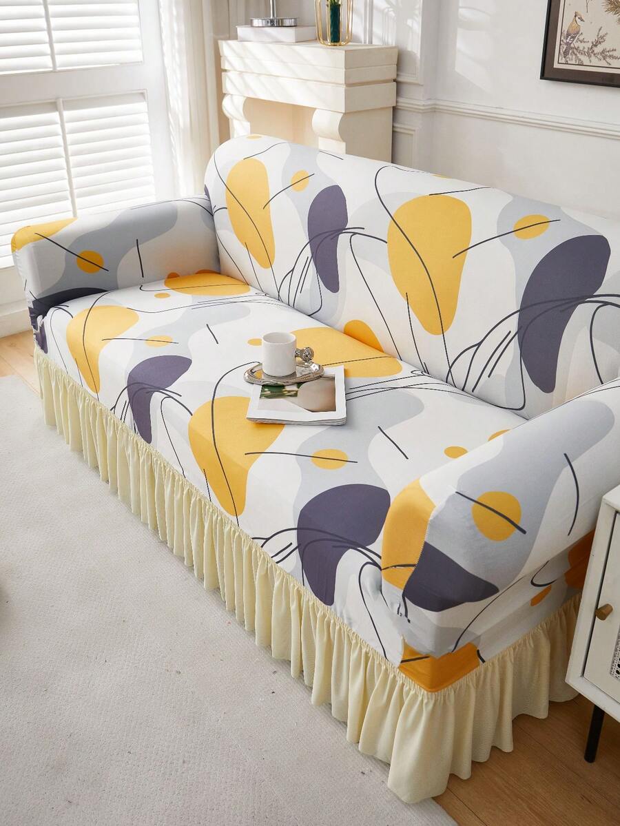 1pc Milk Silk Printed Anti-Slip Elastic Sofa Cover, Versatile Ruffled Design For Single/Double/Three/Four Seater Sofa, Pet-Friendly, Colorful For Spring, Summer, Autumn, Winter
