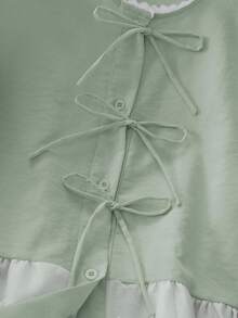 女士优雅通勤可爱甜美蝴蝶结圆领七分袖高腰上衣，刺绣蕾丝拼接衬衫，春夏款 - 灰綠色 - 查看 4