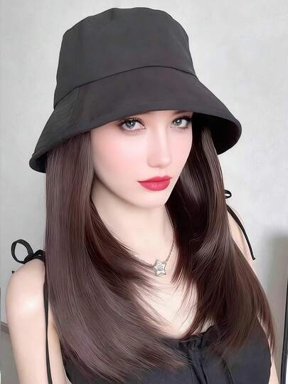 Tóc giả tổng hợp chịu nhiệt màu đen, kiểu tóc xếp tầng phần xương đòn, kèm mũ, dài 12 inch dành cho nữ, kiểu mũ xô màu đen.