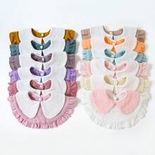 6件装婴儿围兜，蕾丝领口，柔软棉绉纱面料，可调节按扣，新生儿必备，男女宝宝通用 - 彩色 - 查看 3
