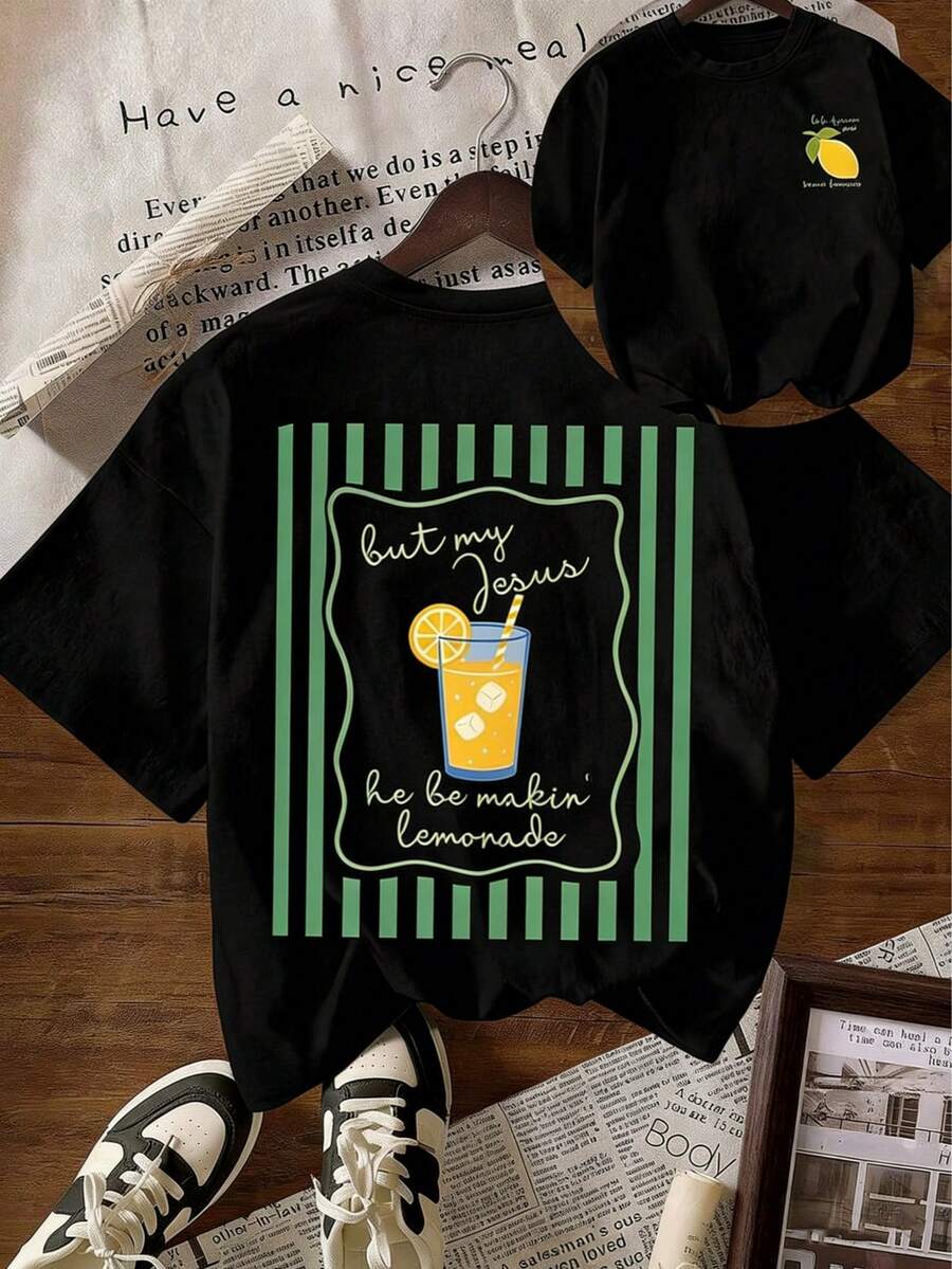 [100% Cotton] Jesus Lemonade Shirt, But My Jesus He Be Makin' Lemonade, Women Graphic Tee Unisex Plus Size Casual Summer Short Sleeve Daily T-Shirt - 黑色 - 查看 1