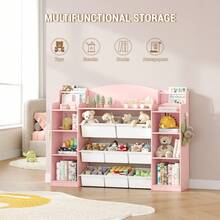 HaluPeit 140cm Estanteria Infantil, Madera, con 8 Cajas de Tela No Tejida, Organizador Juguetes para Dormitorio Infantil, Salón, Estudio, 30 x 140 x 104 cm, Rosa - Rosa - Ver 2