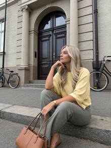 Mejors Women's Solid Color Round Neck Casual Versatile Daily Wear Sweater, Yellow - Yellow - View 6