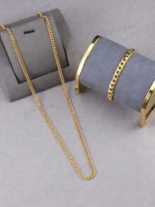 2pcs/Set Men's Fashionable Stainless Steel Minimalist Versatile Necklace And Bracelet Set - Gold - View 2
