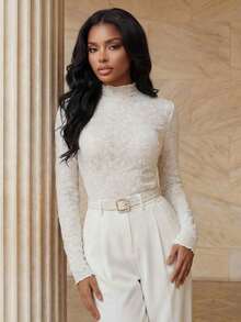 Playroots 女士立领修身褶皱蕾丝长袖白色上衣 - 白色 - 查看 4