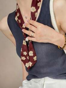 1pc Versatile Pearl Tassel Printed Long Scarf, Korean Style - Multicolor - View 2