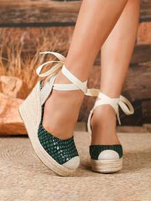 New European And American Style Linen Fisherman Woven Platform Roman Wedge Fashionable Women Sandals - Green - View 6