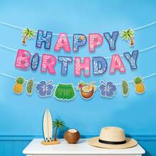 夏威夷主题生日派对横幅、生日快乐三角旗和花环、海滩主题生日派对横幅 - 查看 7