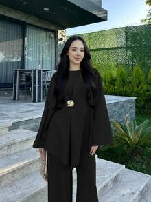 優雅女款寬鬆兩件套，包含圓領長袖罩衫與寬腿長褲，黑色無彈力梭織面料，秋季款 - 黑色 - 查看 5