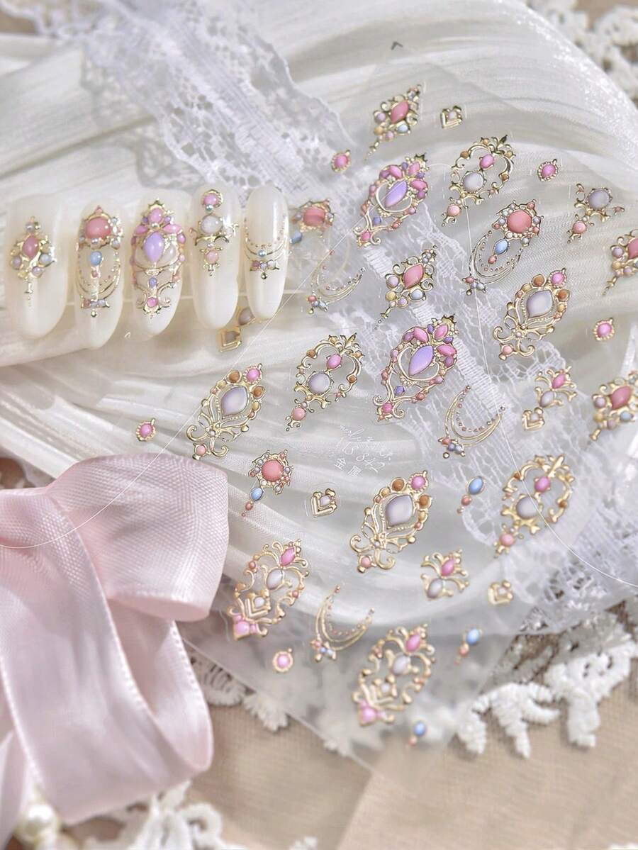 1片5D美甲贴纸，秋季新品，金属质感优雅美甲贴纸，轻盈成熟风格美甲贴纸，金色镶边权杖装饰美甲贴纸，美甲装饰品 - 彩色 - 查看 1