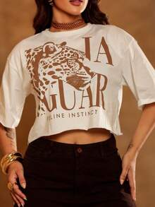 SILK ROUTE Women's Oversized Cropped Top With  Print, Feline Style, Loose Fit, Fashionable - White - View 3