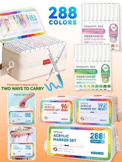 Languo 9-288 Color Set, Soft Tip Straight Liquid Acrylic Markers, Brush Tip, 288 Colors, Student DIY Graffiti Painting Books, Non-Fading Paper, Stackable Colored Markers, Bright Black Series Skin Tone Series Painting People Colors Brush Pens, Waterproof Soft Acrylic Paint Brushes, DIY Shoes Shirts