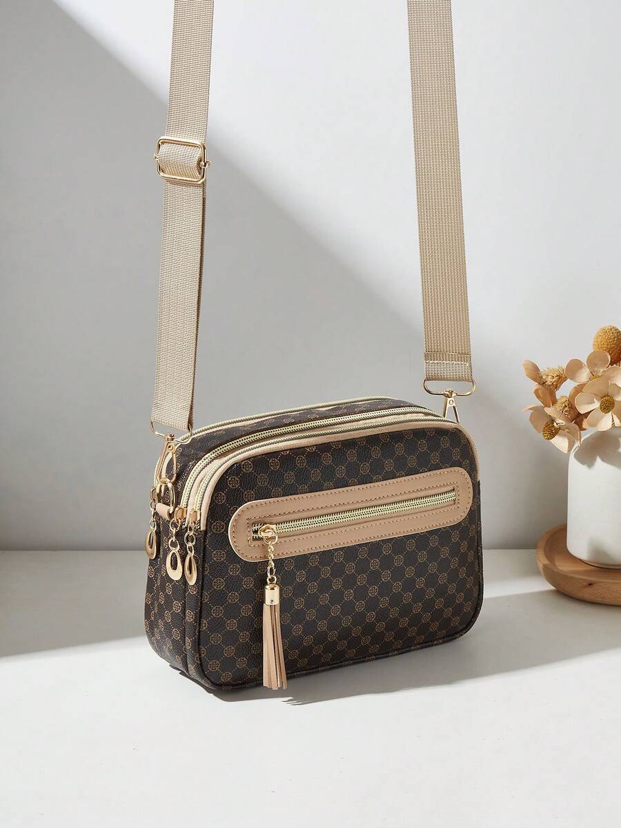 1pc Casual Commuter Women's Crossbody Bag, 4 Zipper Design, Solid Color Personalized Fashion Tassel Polka Dot Pattern, Comfortable Handheld And Shoulder Strap, Large Capacity, Suitable For Travel, Shopping, Commuting - Coffee - View 1
