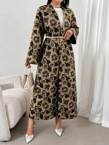 Women's Elegant Jacquard Flare Sleeve Loose Arabic Abaya Robe - Black - View 5