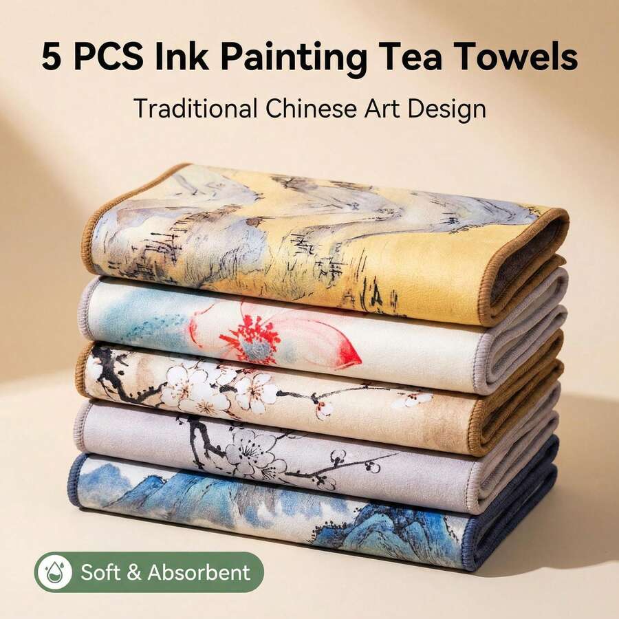 5件套水墨山水茶巾，吸水性强的绒面茶巾，中国茶艺美学，茶具清洁必备品
