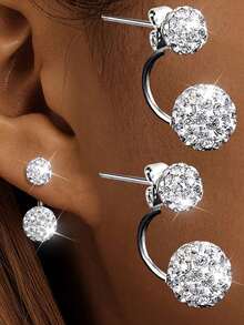 2pcs Shambhala Full Rhinestone Ball Stud Earrings, Sparkling Everyday Wear For Women - Silver - View 3