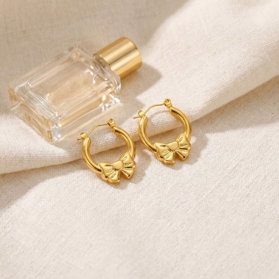 Bowknot Round Gold Earrings, Fashionable Item For Women