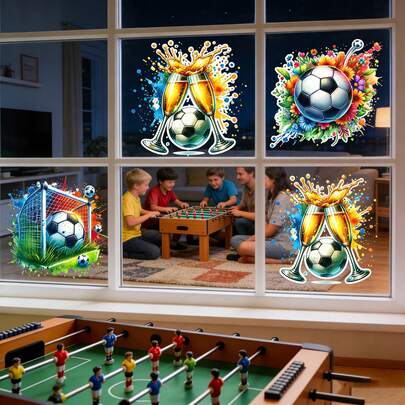 3张2026年美国、加拿大和墨西哥足球主题装饰贴纸。这些可重复使用的自粘贴纸专为这三个地区的足球爱好者和球迷团体设计。它们色彩丰富、图案清晰、粘合牢固，可以轻松粘贴在玻璃等光滑表面上。