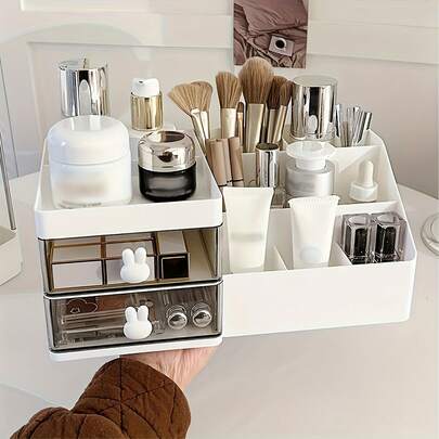 White Cosmetic Storage Box, With Drawer Dividers, Desktop Organizer, Plastic Material, Multi-Functional Desktop Storage Box, Stationery Storage Box, Pen Holder, Cosmetic Display Stand, Makeup Brush Storage Barrel, Skincare Product Storage Box, Suitable For Bathroom, Study, Dressing Table, Can Be Used As A Gift For Mom, Also Suitable For Places Like Holiday Beaches, Bathrooms, Bedrooms, Large Capacity.