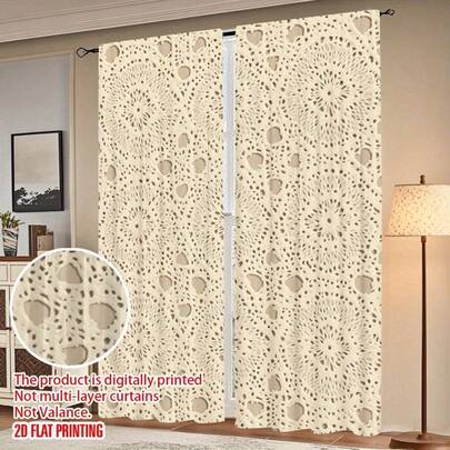 两片装波西米亚风米色窗帘，带杆袋，适用于客厅、卧室和餐厅。可机洗的涤纶窗帘是现代家居装饰的精致之选，采用优雅的半透明设计和耐用面料。