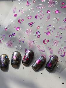 1 Piece Of Purple Starry Sky, Moon, Planet Wings, Abstract High Saturation Self-Adhesive Nail Sticker, Dreamy Nail Sticker - Multicolor - View 1