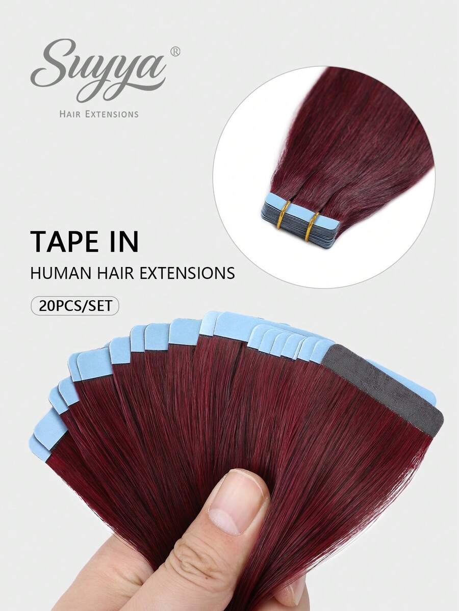 Tóc nối SUYYA 14 inch, 20 miếng, màu đỏ tía, 99j, tóc nối dán không đường nối, dành cho nữ, tóc thật. - S99J - Xem 1