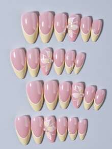 24pcs Long Almond Flower Pattern French Manicure Nail Stickers, With Pearl Decor Design, Suitable For Acrylic Fake Nails, Includes 1 Gel Polish And 1 Nail File, For Women Daily, Holiday, Party - Multicolor - View 3
