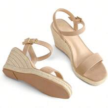 Sandals For Women Wedge Platform Heels – Square Toe Open Toe Espadrille Woven Sole Summer Vacation Shoes - 膚色 - 查看 5
