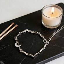 1 pieza Pulsera con zirconia en forma de estrella y luna, diseño único y elegante minimalista, pulsera con colgante delicado de estrella y luna, adecuada para amigos, parejas, uso diario, citas, favorecedora y estilizante - Plateado - Ver 4