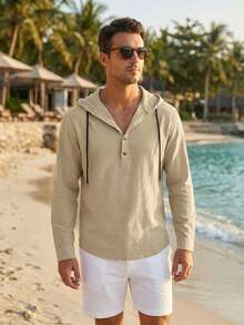 Áo sơ mi Henley nam bằng vải lanh, kiểu dáng retro, tay dài, thoáng khí, có mũ, thích hợp mặc ở nhà và đi làm, mùa xuân và mùa thu. - Màu Khaki - Xem 1