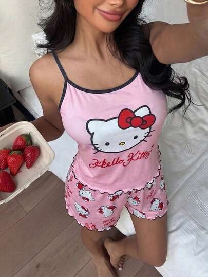 SANRIO 两件套粉色吊带背心和短裤睡衣套装，可爱卡通印花荷叶边柔软家居服，女士